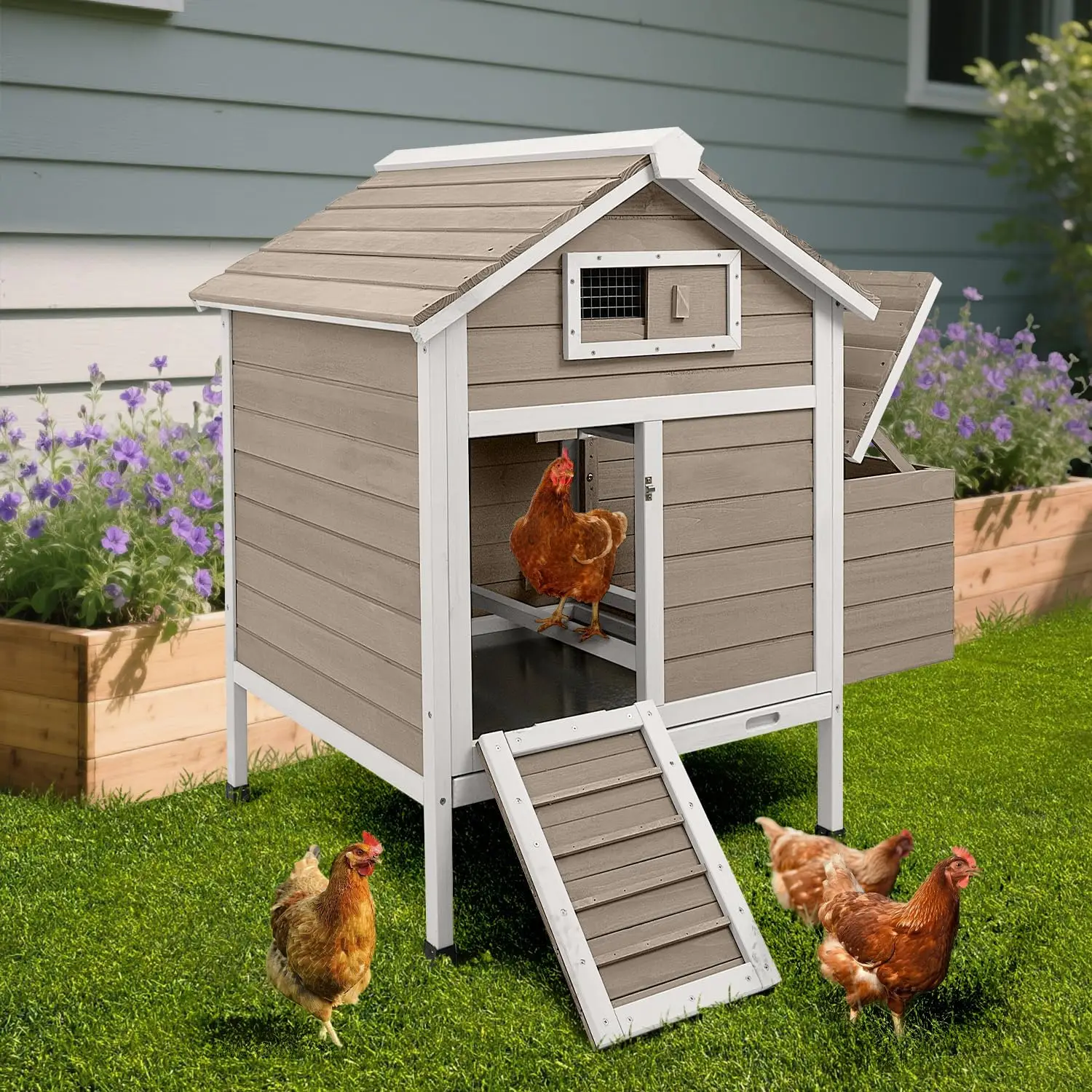 

Large Chicken House Outdoor with 2 Nesting Box, Small Wood Chicken Coop Hen House with Removable Trays, Ramp, Outdoor Indoor Rab