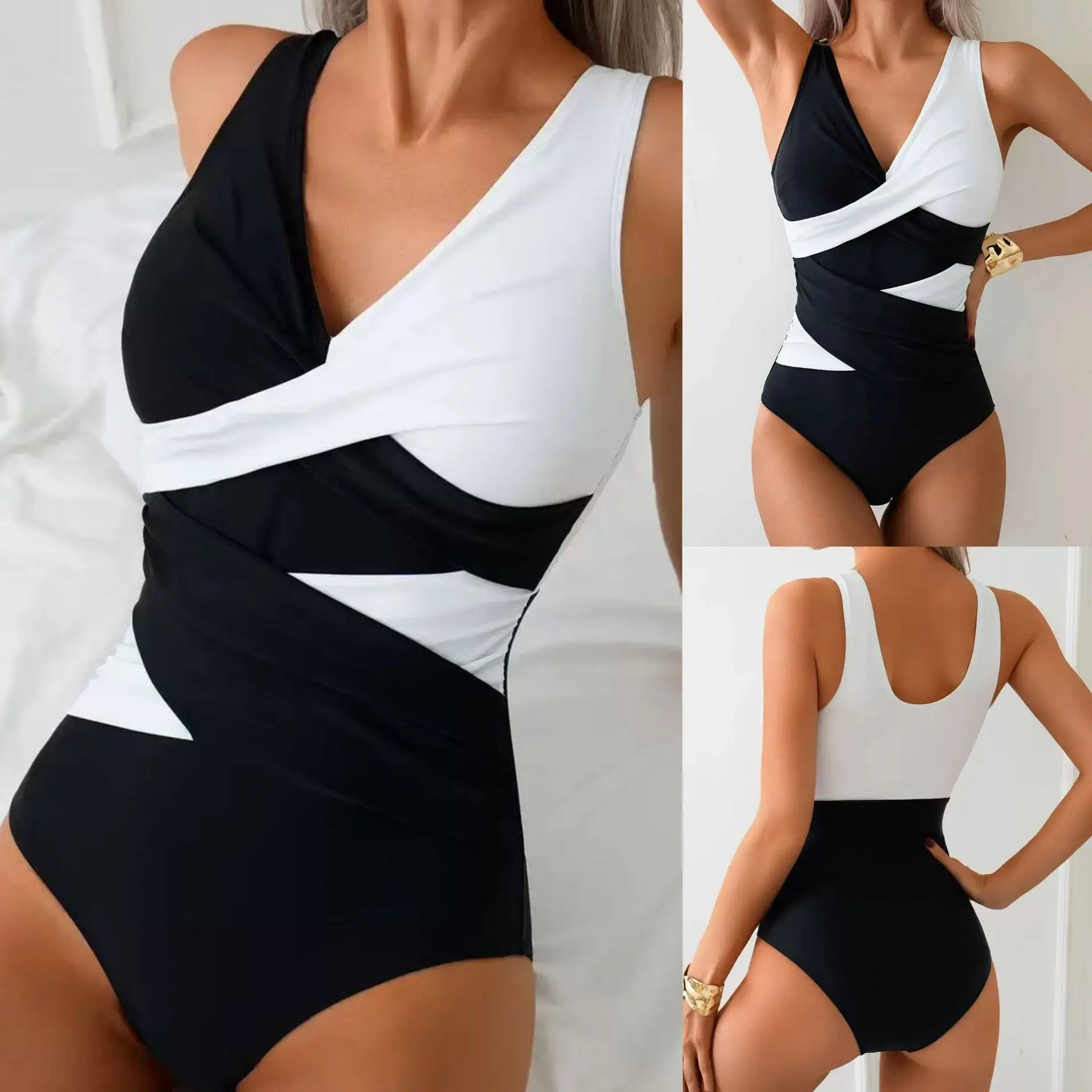 

2025 new bikini swimsuit women's color matching cross-strap one-piece bikini swimsuit