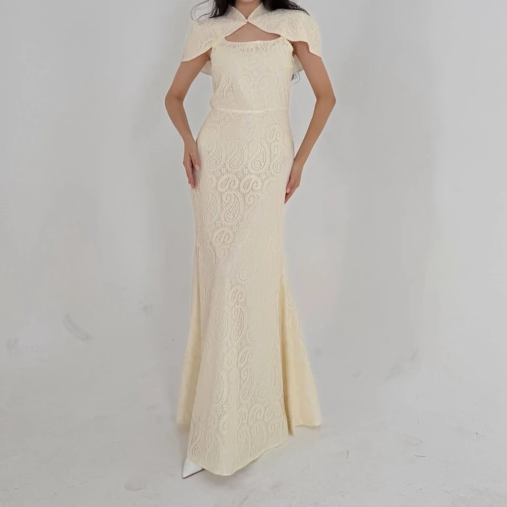 

Customized A-line Evening Dresses Floor-length High-neck Sleeveless Prom Gown Fashion Lace Stole Simple Draped Casual Party Gown