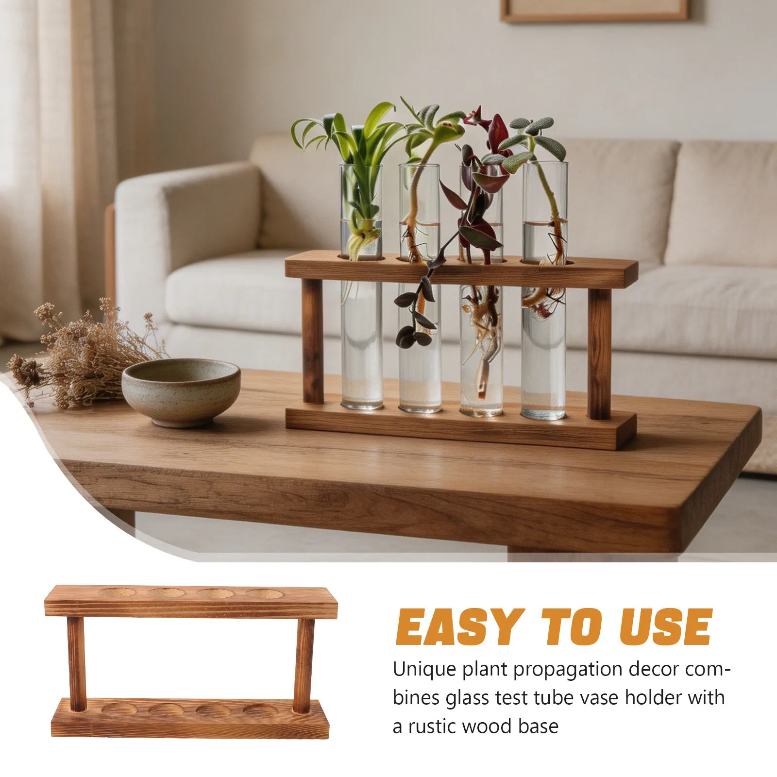 Wooden Plant Propagation Station with Glass Test Tube Vase Holder Rustic Hydroponic Display Stand for Desktop Indoor Garden