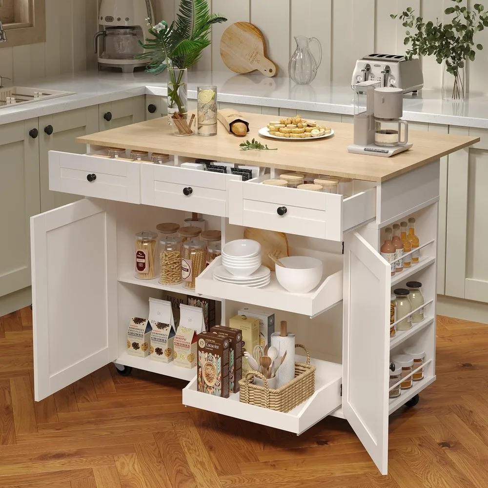 Rolling Kitchen Island with Drop Leaf Countertop Charging Station & Ample Storage 47.2 in Mobile Kitchen Cart On Wheels