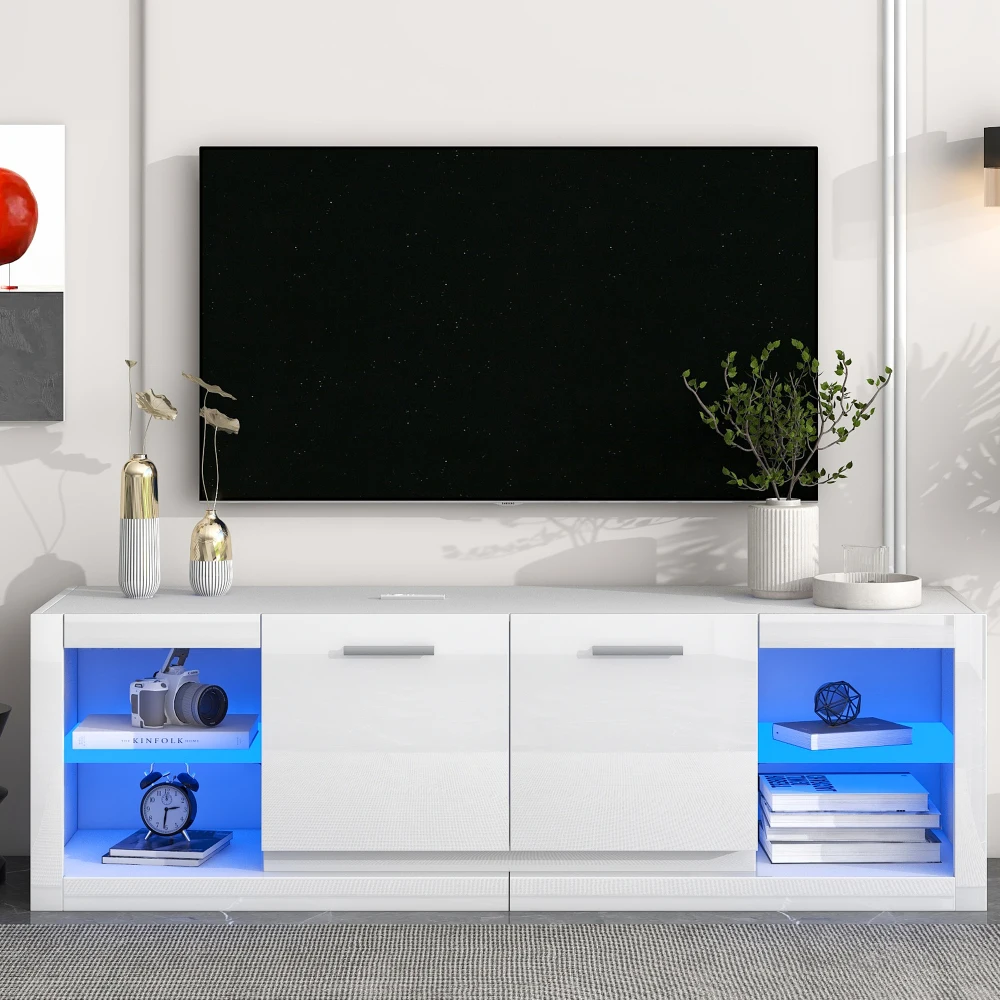 [VIDEO provided] ON-TREND Modern TV Stand with 2 Tempered Glass Shelves, High Gloss Entertainment Center for TVs Up to 7