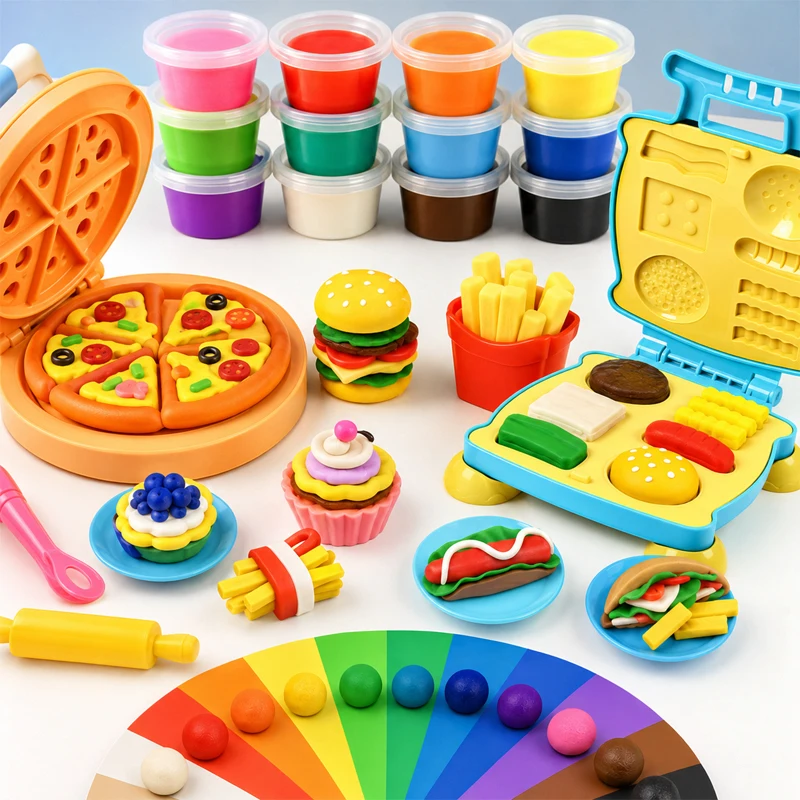 Play Dough Kit Kids Hamburger Pizza Egg Tart Maker Modeling Clay Food Making Set Plasticine Pretend Play Machine for Girls Boys