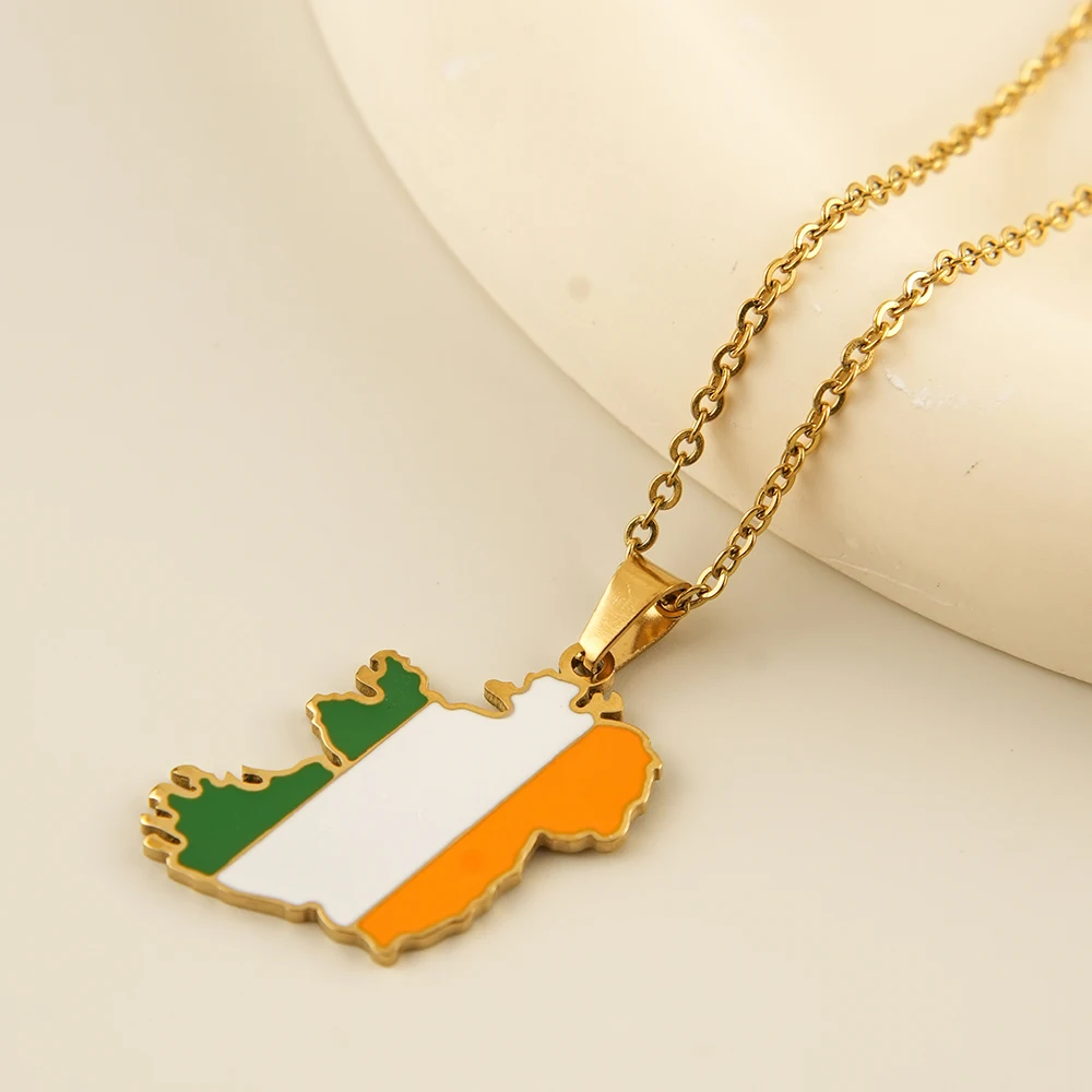 Fashion Ireland Map Flag Pendant Necklace Stainless Steel Men Women Éirinn Country Maps Jewelry Gift