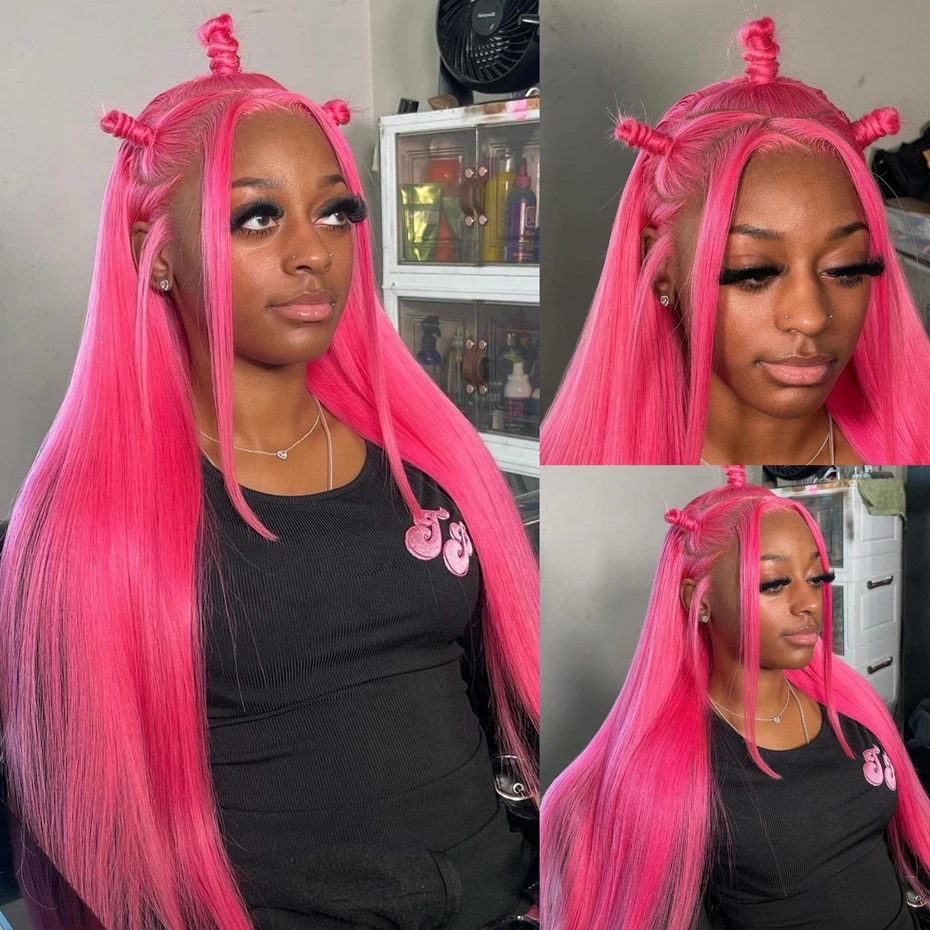 30 36 inch Hot Pink Transparent Lace Front Wig Human Hair 13x6 Lace Frontal Wigs For Women Long Straight Colored Human Hair Wigs