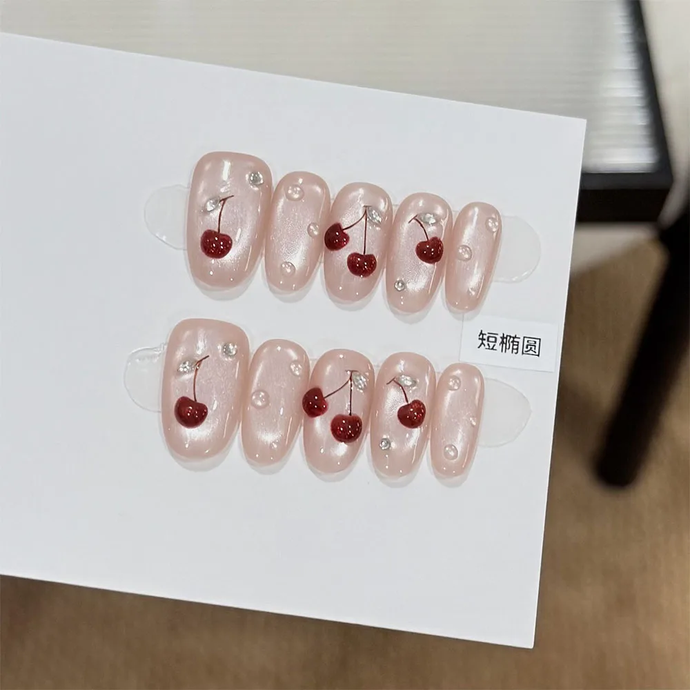 Gentle Korean Style Cat Eyes Short Oval Fake Nail Star Dots Diamond Hand Drawn Cherry Flower Bowknot Nail Art Summer Accessories