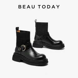 BEAUTODAY Ankle Boots Women Calfskin Round Toe Metal Ring Decor Slip-On Genuine Leather Sock Boot Autumn Spring Handmade 03D51