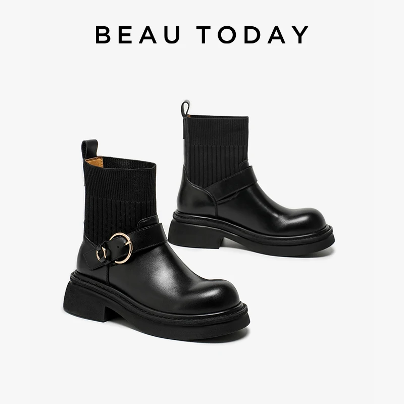 BEAUTODAY botki damskie skóra cielęca okrągłe Toe metalowy pierścień Decor Slip-On oryginalne skórzane skarpety buty jesienno-wiosenna ręcznie robione 03D51
