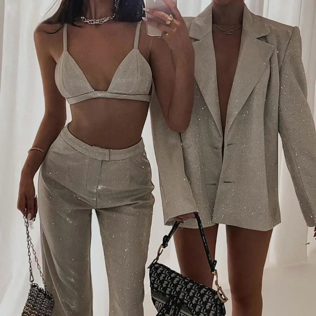 Fashion Trend Shiny Blazer Three-piece Set Women Silver Long Sleeve Blazer Coat Vest Straight Pants 3 Piece Sets Streetwear New