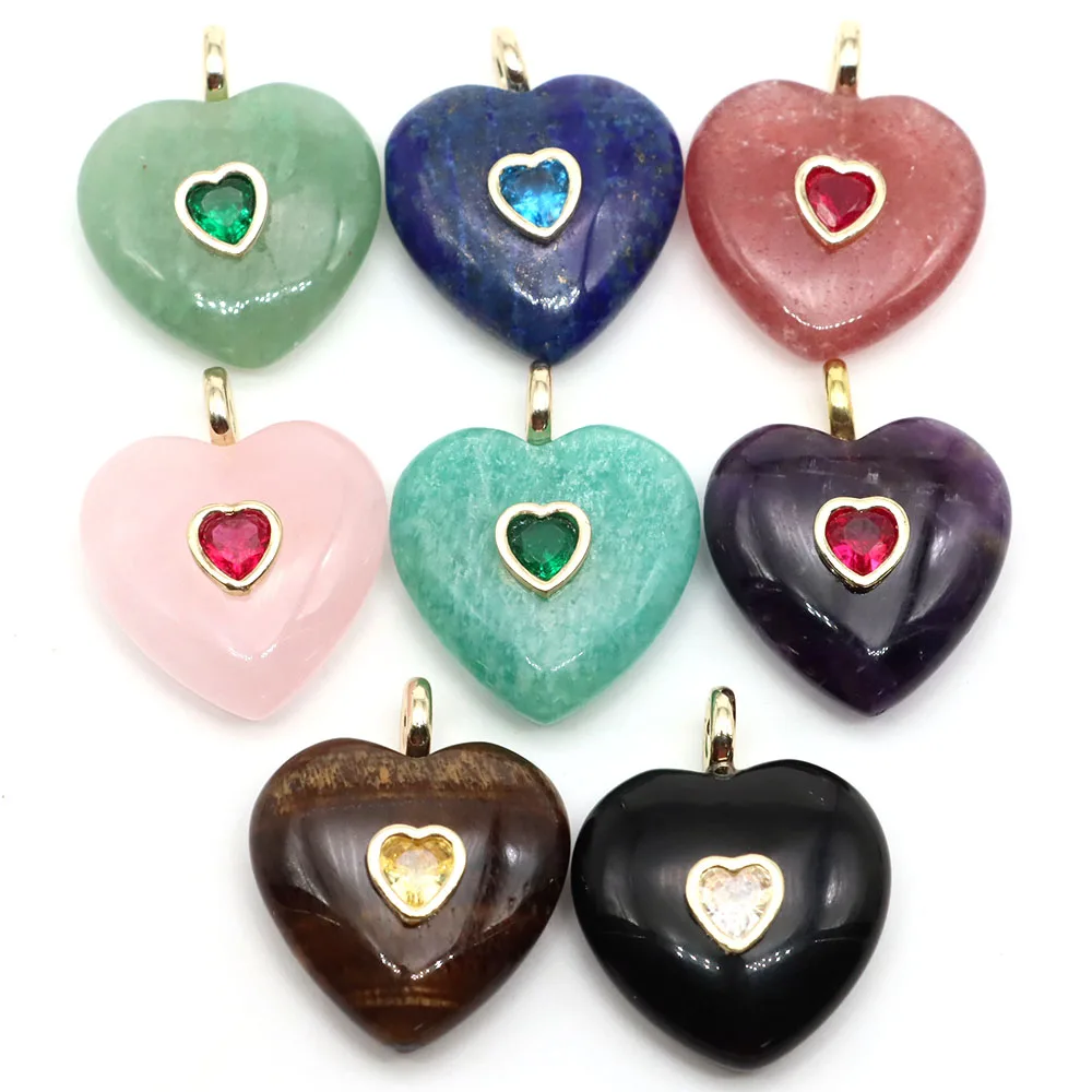 25mm Natural Stone Crystal Heart Pendants Inlaid Color Zircon Love Shape Gemstone Charm for DIY Necklace Jewelry Making Supplies