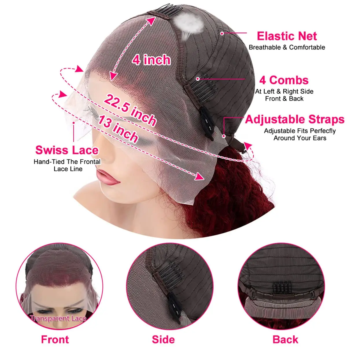 200 밀도 버건디 99j 컬리 13x4 HD 레이스 프론탈 가발 인모 30인치 브라질리언 워터 딥 웨이브 레드 컬러 여성용 가발