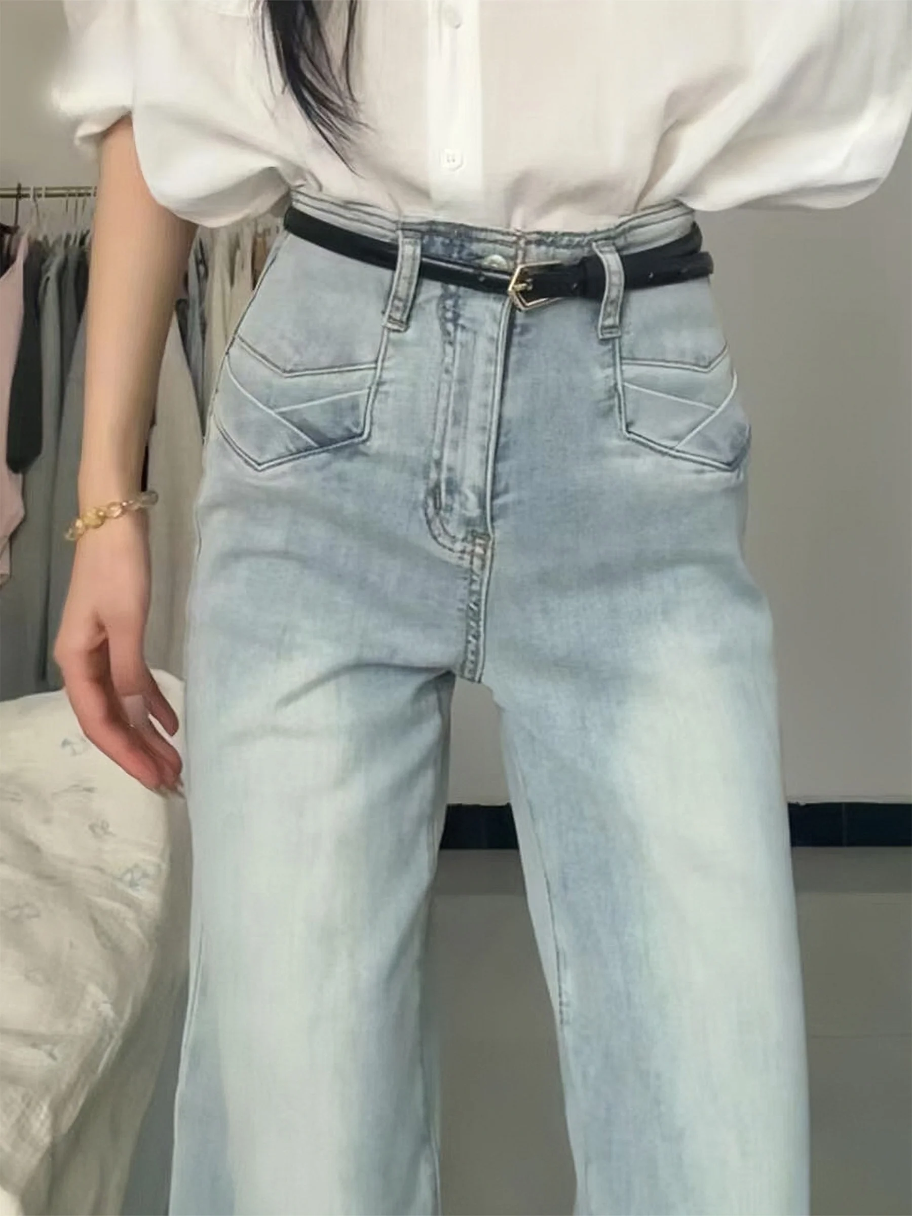 

High Waist Bell Bottom Denim Jeans Women's Summer Slimming Loose Fit Flared Pants Casual American Style Light Blue Jeans