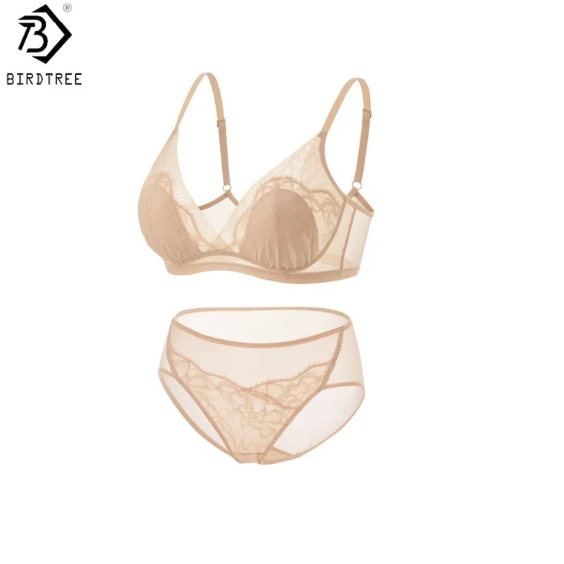 Birdtree, Silk Lining Women's Bra Brief Set, Wireless Thin Breathable Bralette, French Style, 2026 Summer New Underwear A65415JF
