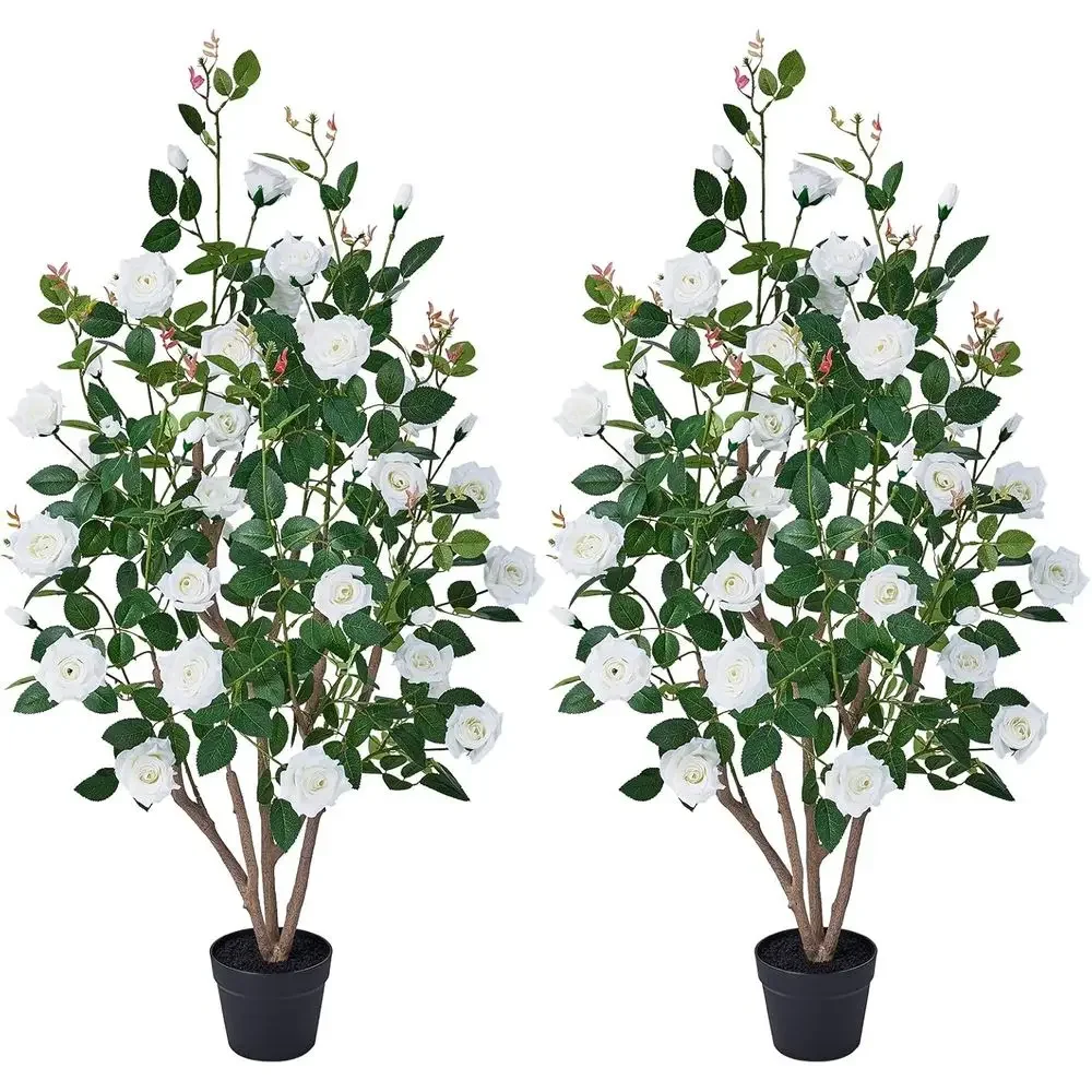 48-Inch White Artificial Rose Plants, UV-Resistant Silk Flowers for Indoor and Outdoor, Potted Trees, Ideal for Home, Courtyard,