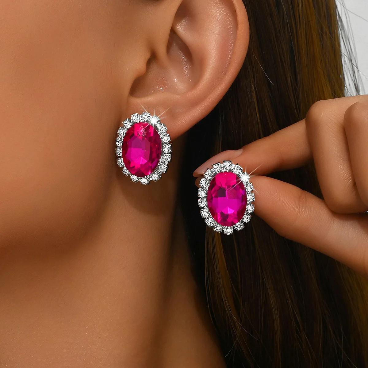 TREAZY Hot Pink Oval Shape Crystal Stud Earrings For Women Fashion Jewelry Silver Plated Rhinestones Earrings Wedding Prom Gifts