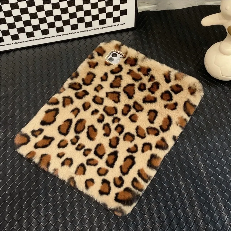 Leopard Print Fuzzy with Pencil Holder Plush Tablet Case for Lenovo Xiaoxin Pad Pro 11.2 Pad(2024)11in Pad 11Plus 11 Cover