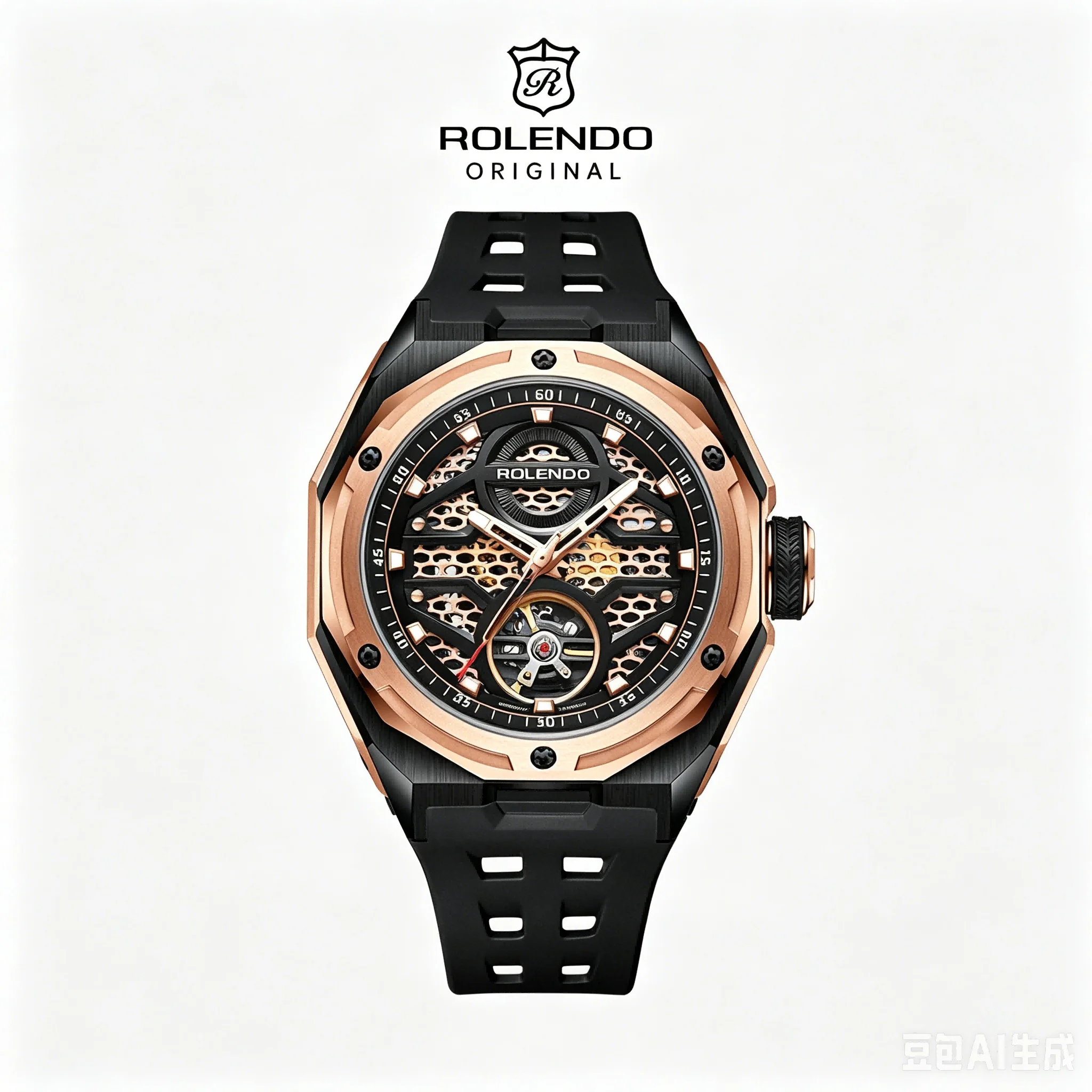ROLENDO Original Automatic Mechanical Men Watch Hollow Skeleton Flywheel Wristwatch Strap Waterproof Sport Relogio Masculino