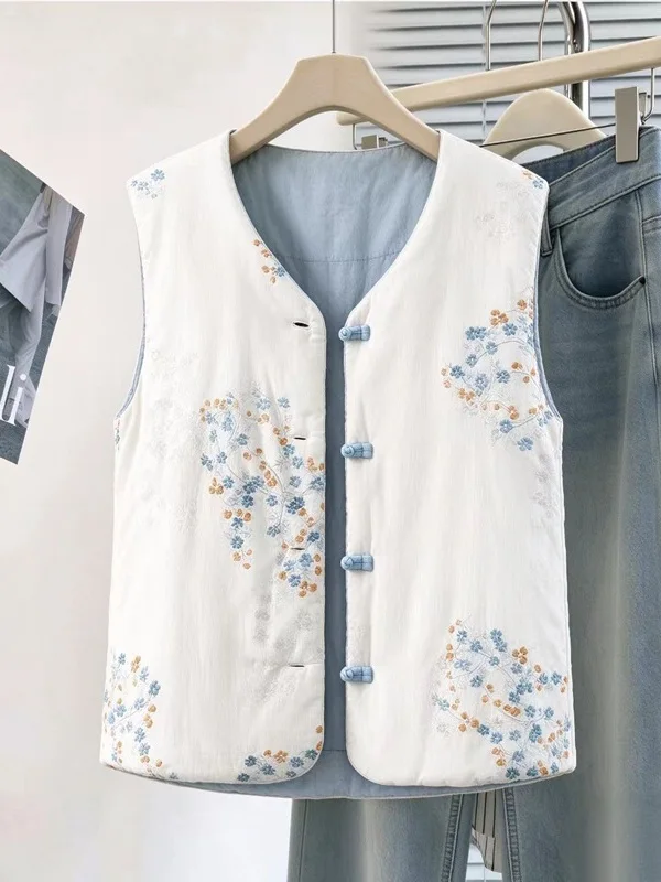 Retro Chinese Style Cotton Linen Print Vest Women's Winter Zen Style Buttonless Sleeveless Warm Top V-neck Loose Fit