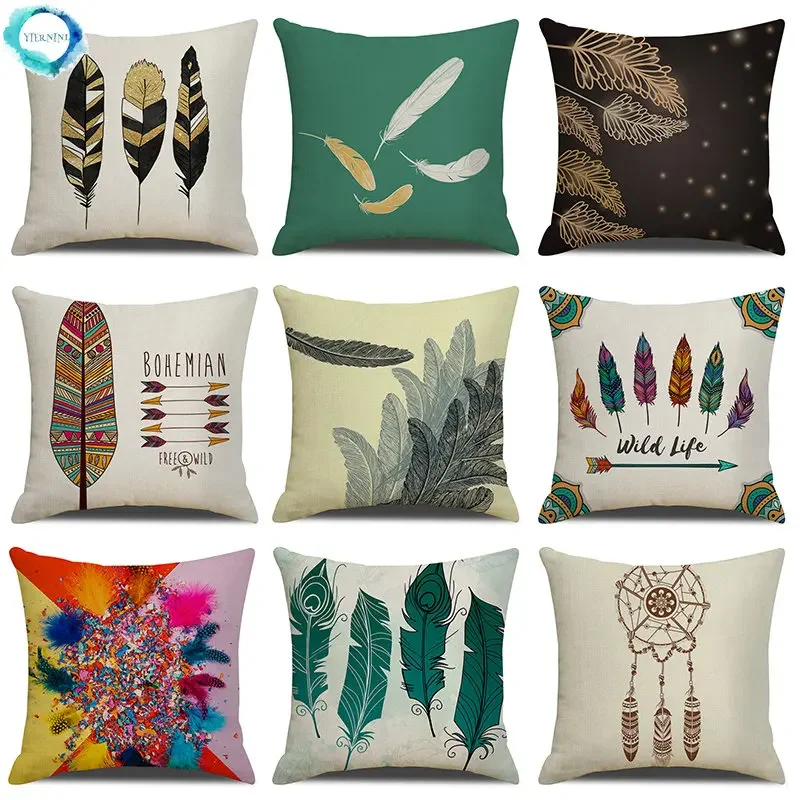 45x45cm Feather Dreamcatcher Print Decorative Cushions Pillowcase Linen Cushion Cover Throw Pillow Sofa Decoration Pillowcover