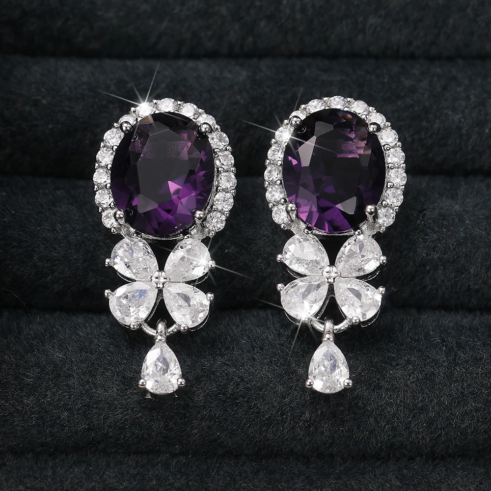 Huitan Gorgeous Purple Cubic Zirconia Dangle Earrings for Women Exquisite Birthday Gift Fashion Accessory Wedding Party Jewelry