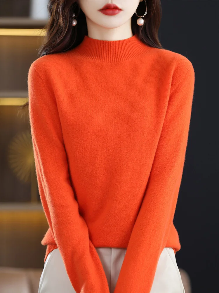 100%Australian Wool Sweater Half High Collar Pullover Solid Color Knitwear Basic Payment Classic Sweater Versatile Women Fashion