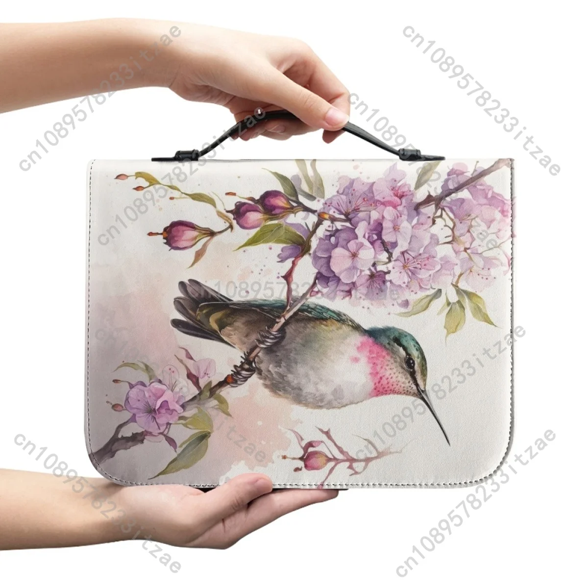 Women's Christianity Bible Bag New Floral Hummingbird Print Leather Bible Cover Case Zippered Handle Handbag Bags for Holy Bible