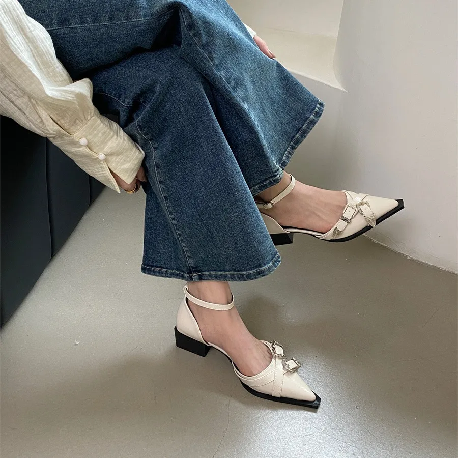 Spring Shoes 2024 Sandals Mary Jane Buckle Suit Female Beige Cross Block Heels New Comfort Black Chunky Pointed Girls Low Scanda