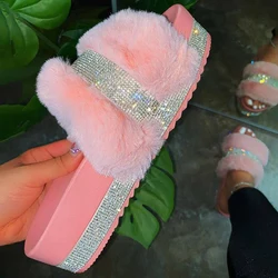 Summer Slippers Woman Faux Fur Slides Rhinestone Furry Pink Shoes Pantufas De Pelucia De Bi Fluffy Sliders Plush Slippers
