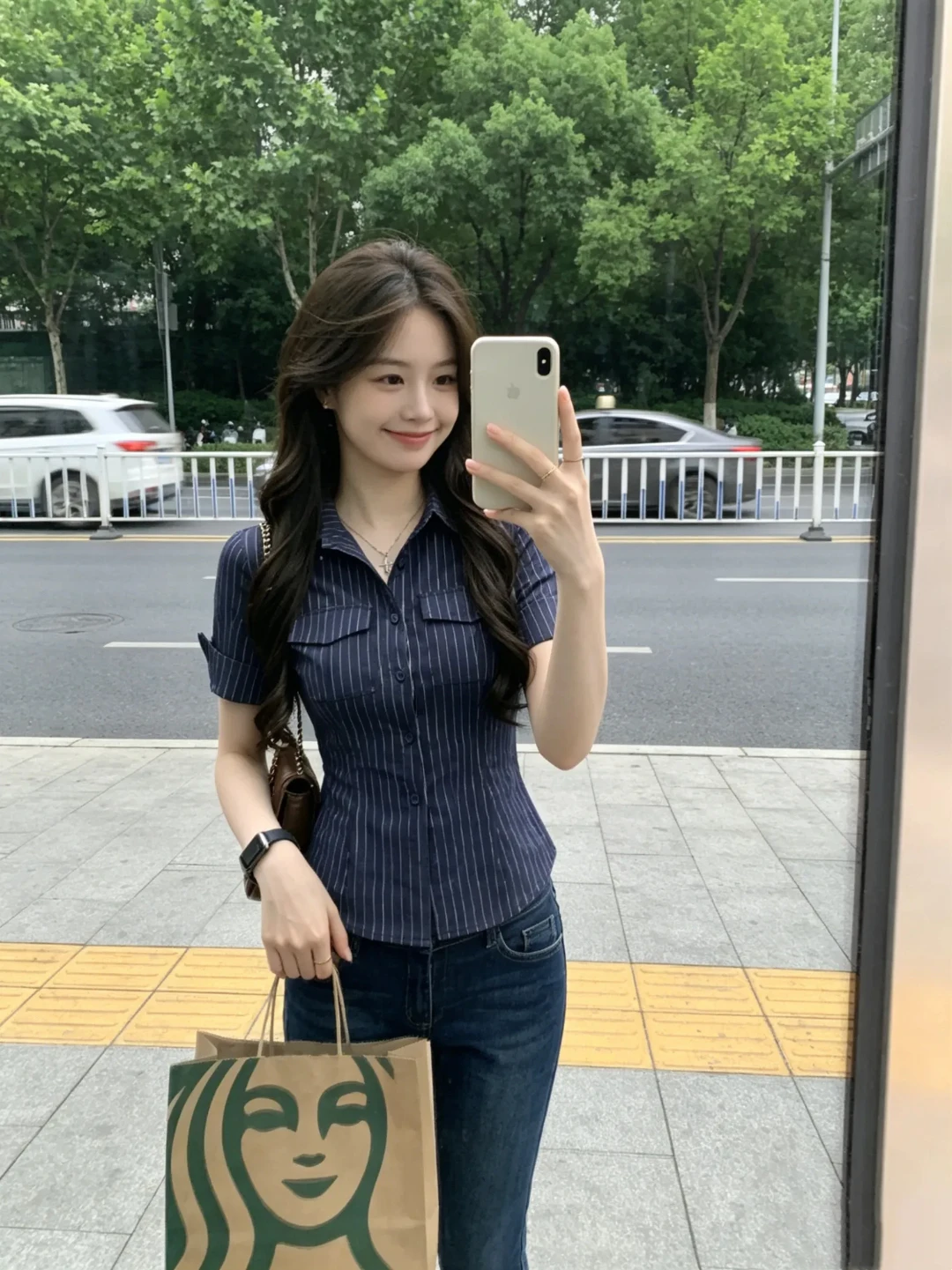 

Slim Fit Striped Short Sleeve Shirt Women's Commute Fashion plus Size Style Korean Version Summer Shirt Waist Cinching Slimming