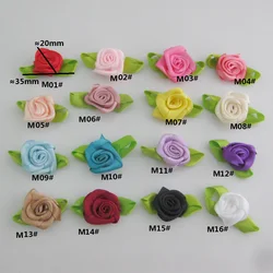 Medium Size About 20MM Rosettes 30Pcs Ribbon Flower With Leaf 35MM Headwear Accessories DIY Sewing Supplies