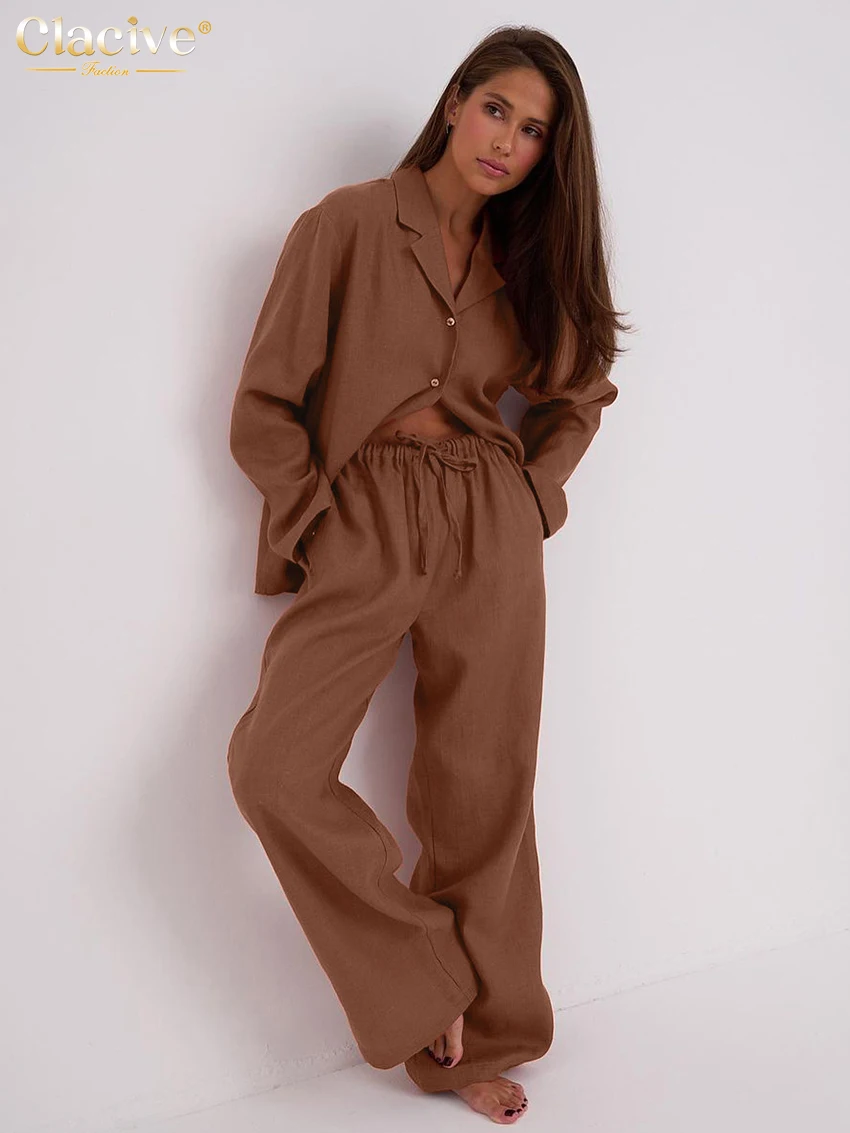 

Clacive Fashion Loose Brown Cotton 2 Piece Set Women 2026 Elegant Long Sleeve Shirt With High Waist Wide Pants Set Female Clothi