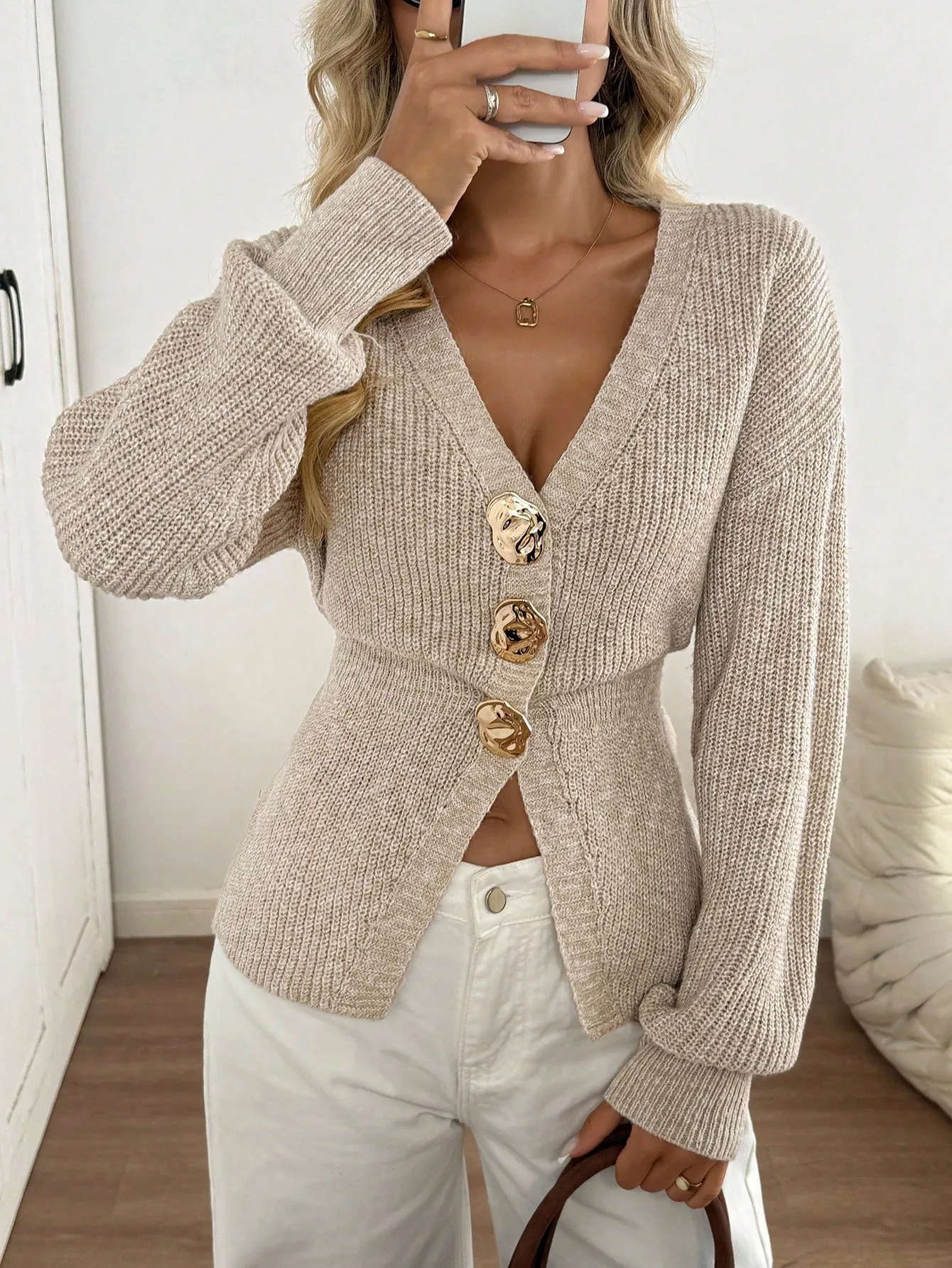 Women's V-Neck Waist Cinched Knit Cardigan, Long Sleeve Slim Fit Figure Flattering French Style Elegant Top for Fall & Winter