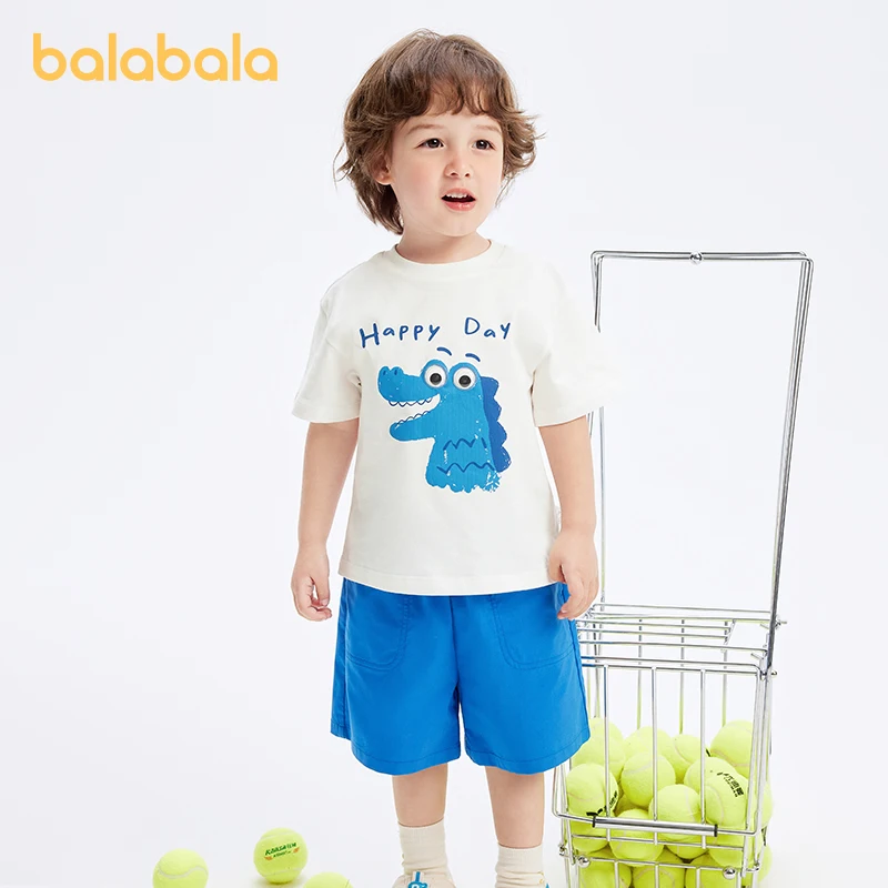 Balabala Children Clothing Boys Short Sleeve Set Children Two-Piece Set 2024 Summer New Pure Cotton Campus Sports Style