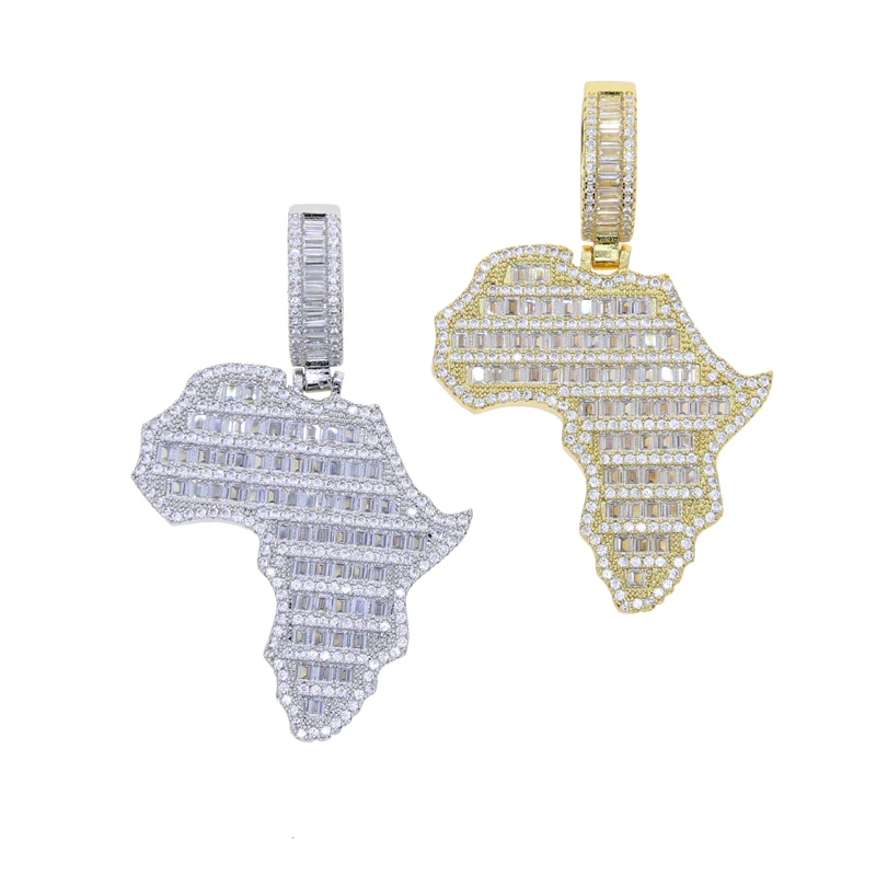 New Arrive Rectangle Cubic Zirconia CZ Paved Bling Africa Map Shaped Pendant Necklace Hip Hop Men Boy Cool Meaning Jewelry