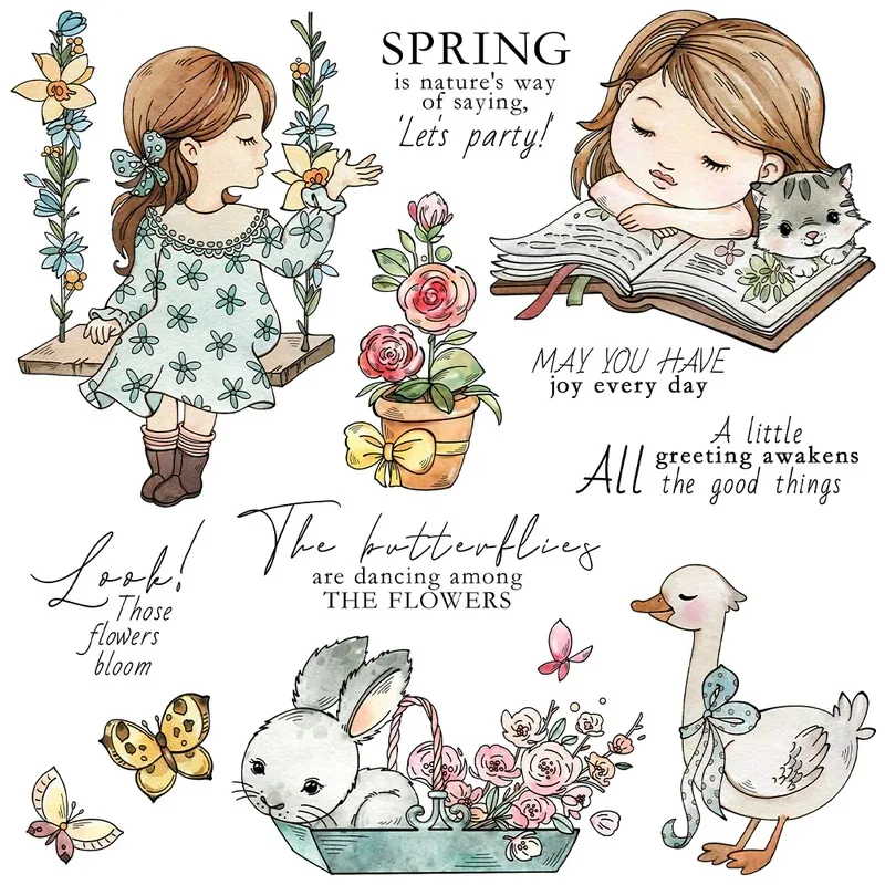 

Eater Eggs And Little Girl Clear Stamp Spring Flowers DIY Scrapbooking Supplies Silicone Stamp For Cards Albums Decor