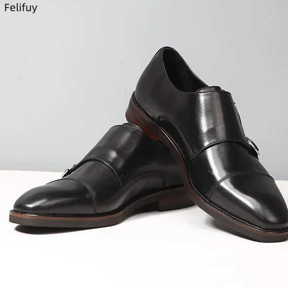 Black Double Monk Strap Luxury Men Flat Shoes Genuine Leather Handmade Fashion Designer Business Dress Shoes for Men Original