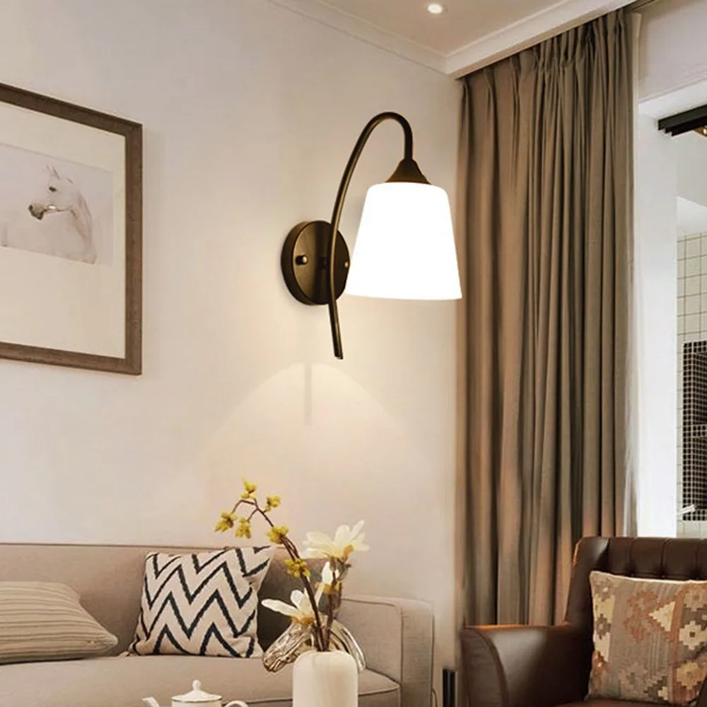 Matte Black Finish Wall Light Fixture 110-220V Milky White Glass Wall Mounted Lamp E26 Socket Bulbs Not Included Wall Lamp