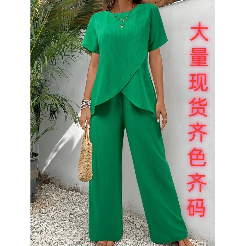 

2025 Casual Solid Suit Women 2025 Fashion Round Neck Short Sleeve Irregular Split Top Elastic Waist Trousers Two Piece Set