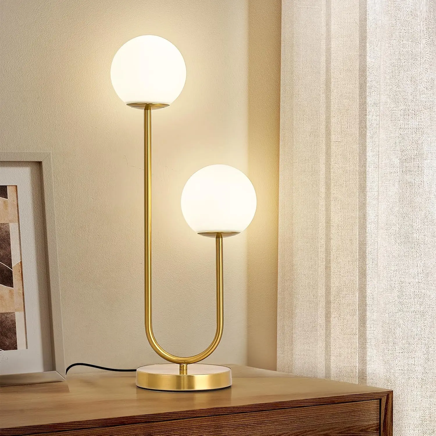 Mid Century Modern Globe Table Lamp Gold U-Shape Glass Table lamp 2-Globe Bedside Lamp with LED G9 Light Source Ideal for Bedroo