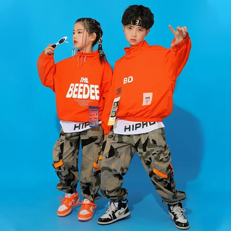 Hip Hop Boys Solid Color Pullover Camouflage Pants Girls Sweatshirt Joggers Costume Kids Jazz Dance Clothes Set Child Streetwear