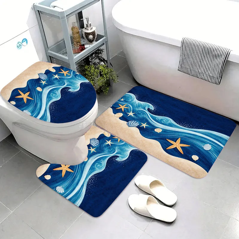 

3Pcs Starfish Seashell Wave Flannel Bath Mat Non Slip Absorbent Toilet Rug for Bathroom Kitchen Washable Beach Decor