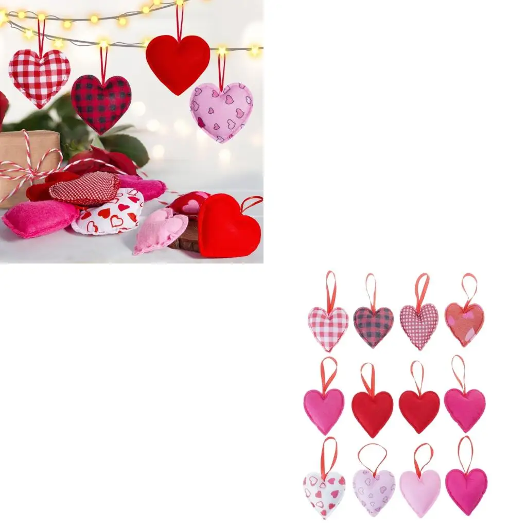  Pack of 12 Romantics Fabric Heart Hanging Ornaments for Valentines Day Decors