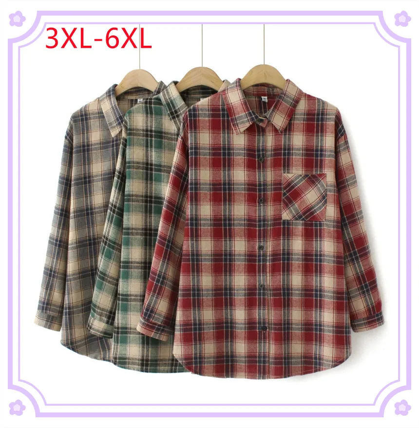 

New 2025 Ladies Spring Autumn Plus Size Shirt For Women Large Size Long Sleeve O-neck Plaid Tops Coat 3XL 4XL 5XL 6XL