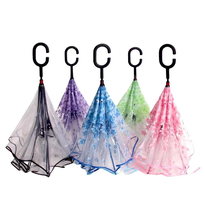 20pcs Transparent Reverse Umbrella Double Layer Cherry Blossoms Inverted Umbrella Rain Women C-handle Windproof ni649