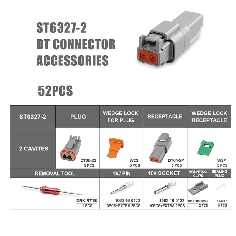

Комплект 2-контактных коннекторов DT, водонепроницаемый коннектор DT, размер 16, штампованные контакты, прочные Уплотнительные заглушки для автомобиля, грузовика, мотоцикла, 5 комплектов