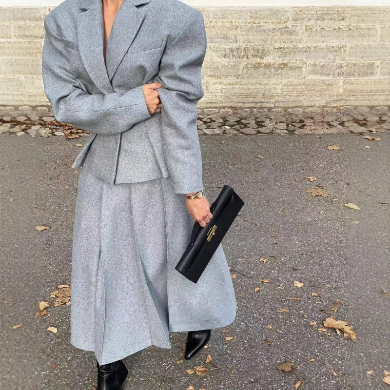 Shpmishal 2025 Spring New Collection: Collar Single Breasted Long Sleeved Slim Fit Suit Coat Half Length Skirt Woolen Set