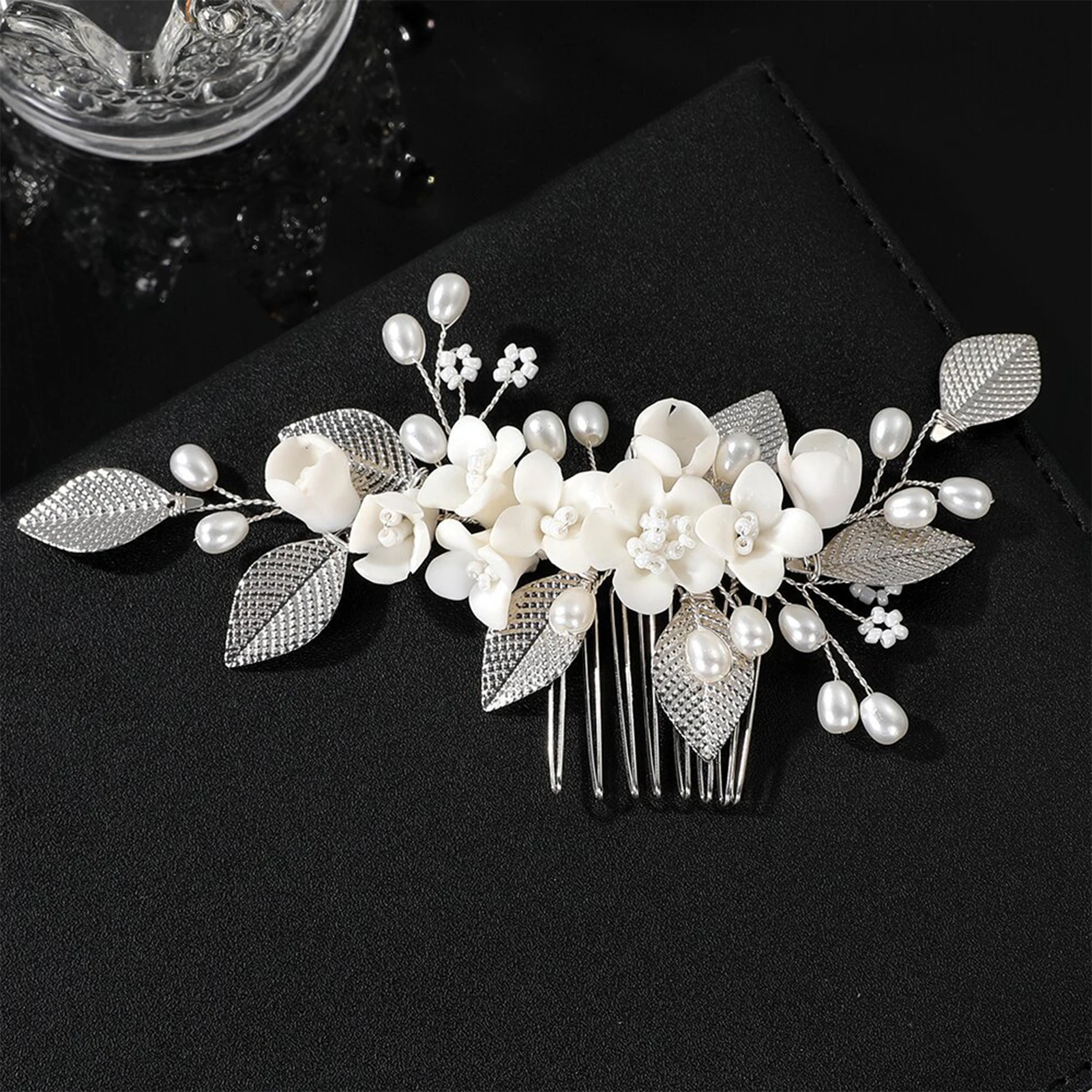 أنيقة زهرة بيضاء أمشاط الشعر الذهب/الفضة اللون سبائك ورقة دبابيس الشعر اللؤلؤ الاصطناعي العصابات الشعر العروس الزفاف الشعر مجوهرات #1