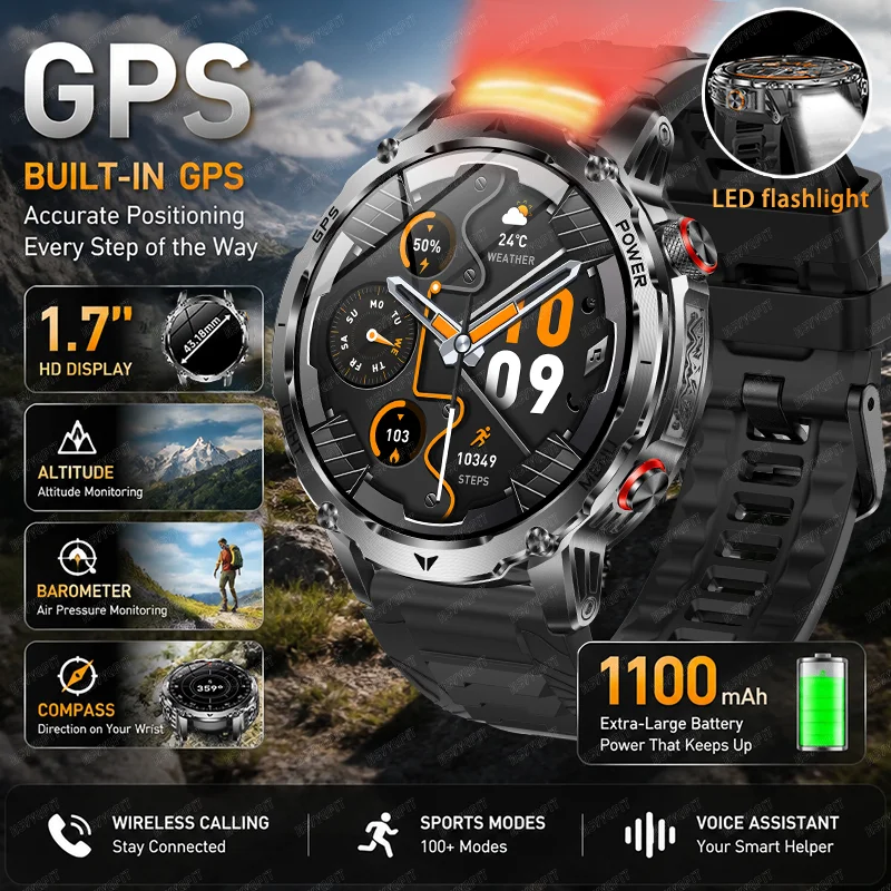 The 2026 High-End Outdoor GPS Smartwatch Is Equipped with a 1100mAh Large Battery, Wireless Communication, Flashlight, and SOS F