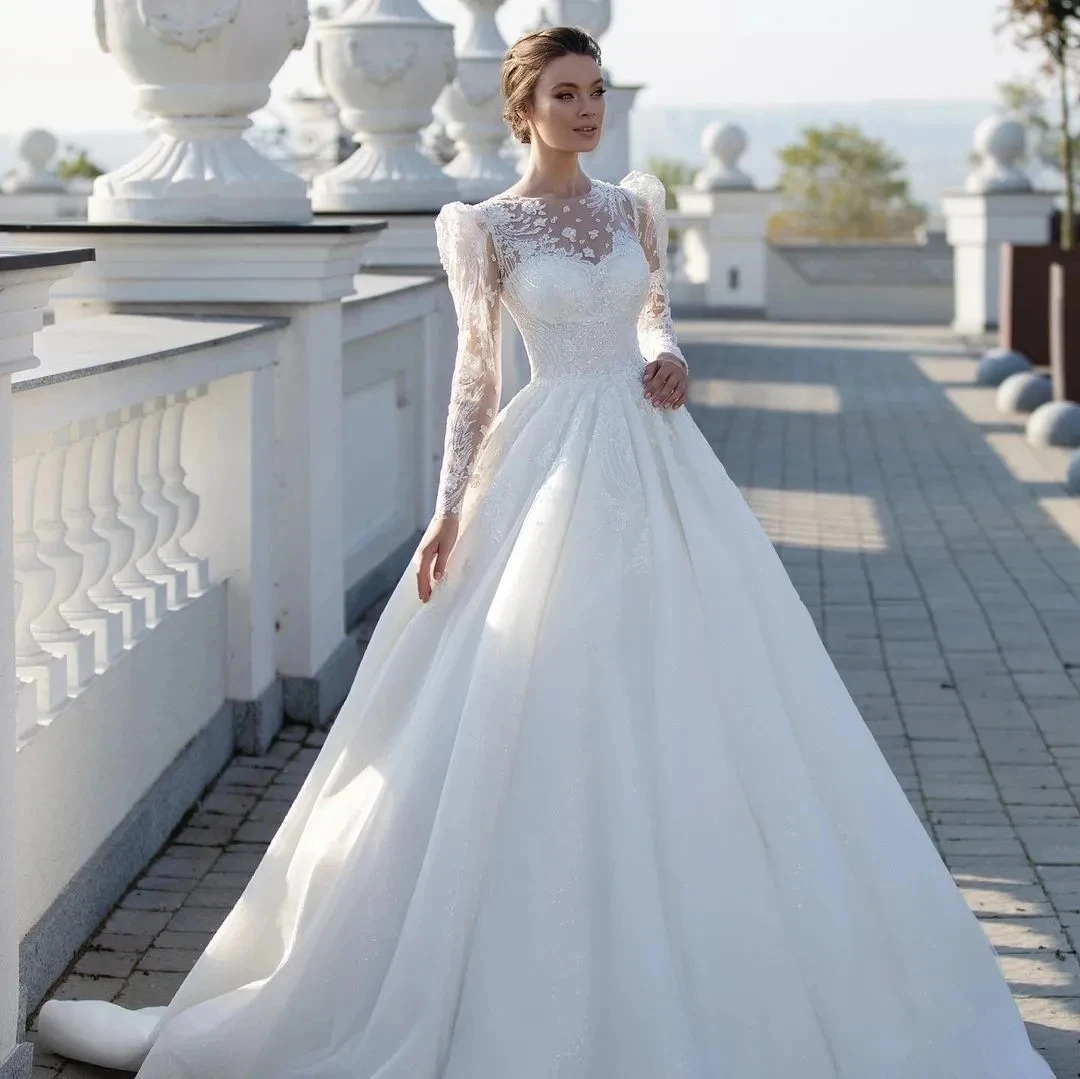 Abiti da sposa da donna di lusso una linea Illusion manica lunga con Appliques abiti da ballo abiti da ballo per feste da sposa formali Vestido