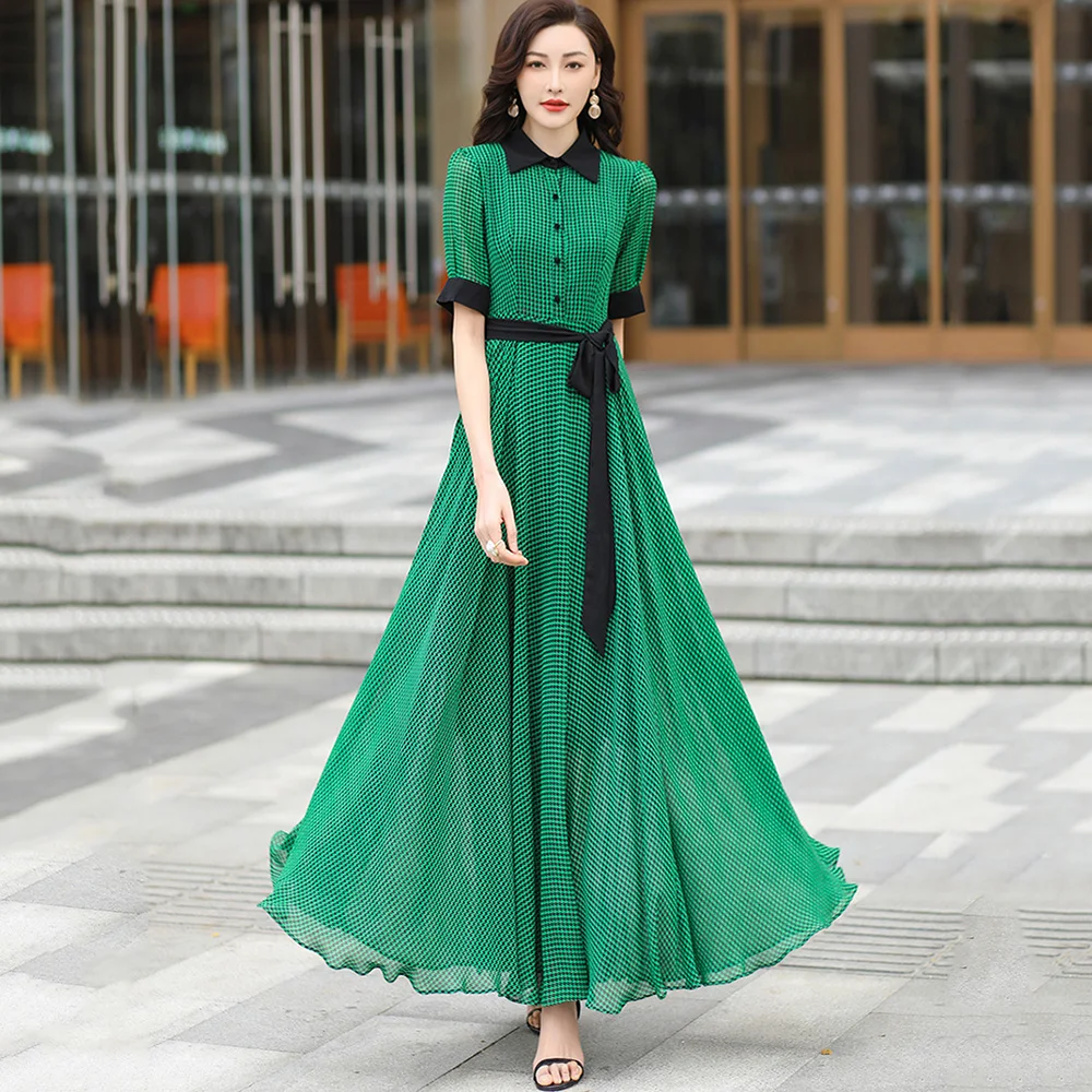 New Women Summer Green Plaid Chiffon Dress Fashion Contrast Color Turn-down Collar Short Sleeve Shirt Dress Elegant Long Dress